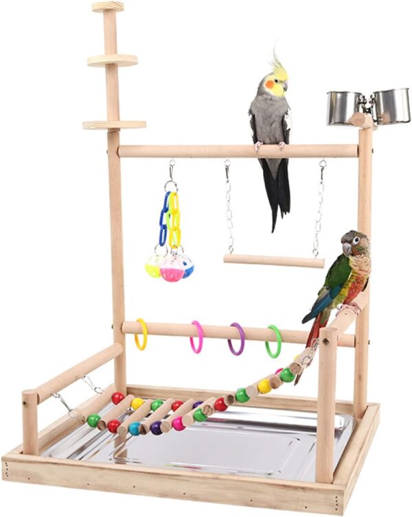 Bird Perch Playstand Ladder Swing Chew Toy For Parrots Budgies Cage Accessory Stainless Steel Feeding Cups