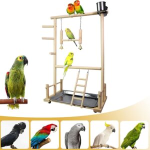 CHSEEO Bird Life Activity Center, Pet Stand Platform Parrot Toys for Small Birds, Bird Perch Toy with Ladder, Wood Swing, Hanging Bell, Feeder Seed Cups & Tray, Gym Climbing Toys Cockatiel Playground