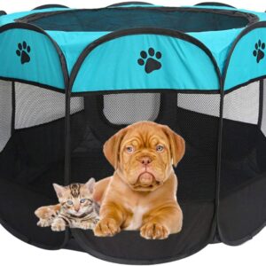 DELITLS Pet Playpen, Breathable Pet Cage Tent for Indoors and Outdoors, Foldable Waterproof Scratch Portable Exercise Pet Fence, Pen Tent House Playground for Dogs and Cats, Gray, Small(Blue Black)