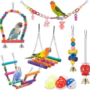 DeryArcle 11 Pcs Parakeet Toys Set, Bird Hanging Swing Toy With Bells + Parrot Chewing Toy + Parakeets Hanging Bells Toy +Bird Hollow Bell Ball, Suitable For Parrots Lovebirds Finches (11 pieces set)