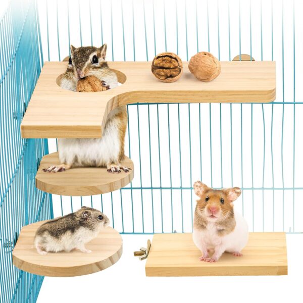 Episkey 4 Pcs Hamster Wooden Platform Set, L-Shaped Large Platform with Holes Natural Wood Parrot Round Standing Board Gerbil Chinchilla Pedal Small Animal Activity Playground Bird Cage Accessories