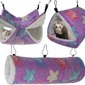 FULUE Ferret Rat Fleece Hammock Hideout Hanging Tunnel Cage Accessories Set for Small Pets,Cage Decorations for Ferrets Rats (Purple)