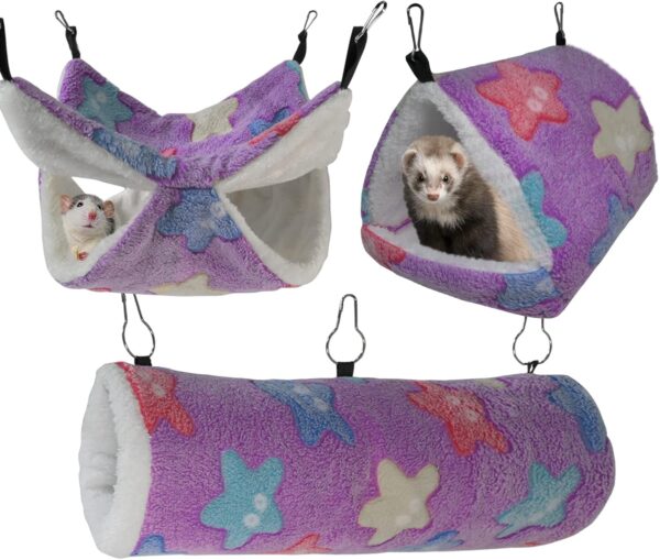 FULUE Ferret Rat Fleece Hammock Hideout Hanging Tunnel Cage Accessories Set for Small Pets,Cage Decorations for Ferrets Rats (Purple)