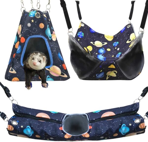 FULUE Ferret Rat Hammock Tent Hanging Tunnel Cage Accessories Set for Small Pets,Cage Decorations for Ferrets Rats(Black Galaxy) (Black Galaxy)