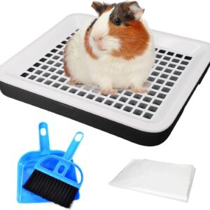 Fhiny Guinea Pig Litter Box, Small Pet Potty Training Chinchilla Bedding Litter Pan with Disposable Cage Liners & Cleaning Broom Cage Accessories for Young Guinea Pig Chinchilla (Black)