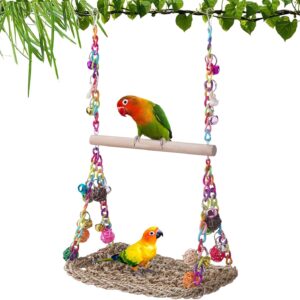 FrgKbTm Bird Swing Toys with Wood Perch, Seagrass Woven Parrot Platform Bird Climbing Hanging Hammock Bird Perch Stand Chewing Toy for Parakeets,Budgie, Conure, Cockatiel,Lovebird