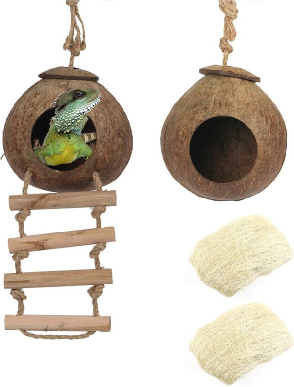 Hamiledyi Gecko Coco Den 2 pcs, Natural Reptile Hideouts Mini Condo for Lizards, Coconut Texture Provide Food for Pets, Raw Coconut Husk Hide with Ladder, Durable Cave Habitat with Hanging Loop