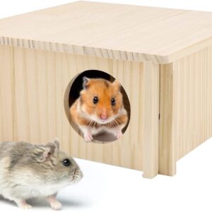 Hamster Wood House 2 Chambers Guinea Pig House for Cage Pet Wooden House Small Animal Habitat Décor Natural Wooden Hamster Hideaway House Wood Cabin for Small Pets Chinchilla Rat Gerbils Square