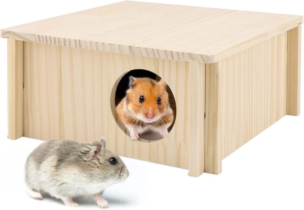Hamster Wood House 2 Chambers Guinea Pig House for Cage Pet Wooden House Small Animal Habitat Décor Natural Wooden Hamster Hideaway House Wood Cabin for Small Pets Chinchilla Rat Gerbils Square