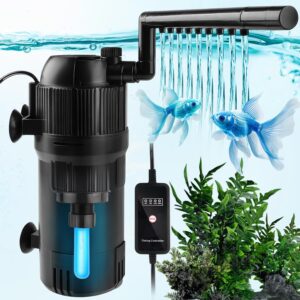 Internal Fish Tank Filter, Aquarium Filter Pump with UV Steriliser 5 in 1 (400L/H 4W), Ultra Silent Biochemical Filtration Pump for 15-80L Aquariums Flow Rate and Direction Adjustable