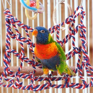 Jodsen Parrot Toys Colorful Woven Climbing Net with 4 Hooks, Bird Toys Hanging Swing Net, Rat Toys Cotton Hanging Hammock Rope Net for Bird, Parrot, Small Animal, Hamster, Squirrel, Chinchillas (Red)