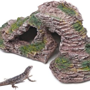 Junniu Reptile Shale Scape Step Ledge Ramps Aquarium Decor Basking Platforms Hide Cave Rock for Leopard Gecko Turtle Newts Arboreal Herps Bearded Dragon Lizards, 12.4in Large Resin