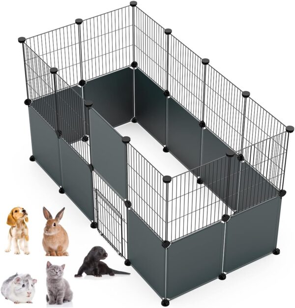 LANGXUN Pet Panels, Metal Wire Storage Cubes Organizer, DIY Small Animal Cage for Rabbit, Guinea Pigs, Puppy | Pet Products Portable Metal Wire Yard Fence (12 Metal Panels + 12 Plastic Panels)