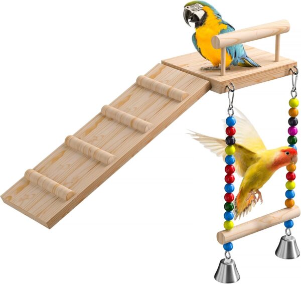 LOPERDEVE Bird Perches Platform Swing with Climbing Ladder,Bird Wooden Playground,Bird Swing for Green Cheeks, Small Lovebirds, Goldens, Hamsters, Parakeet Cage Accessories