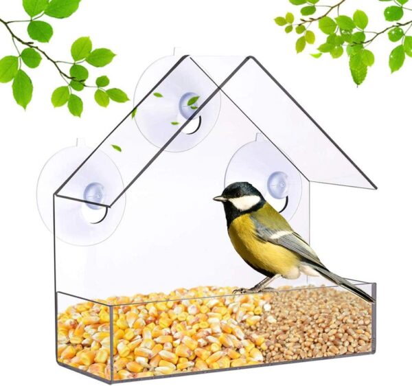 Lifreer Window Bird Feeder with Strong Suction Cups Plastic Wild Bird Feeder House Clear Bird Seed Feeders for Garden Outdoor