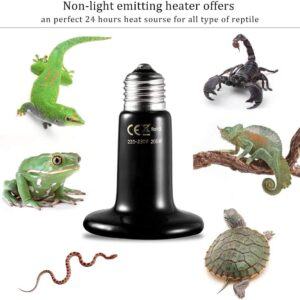 POFET Reptile Heat Lamp 200W with One Digital Thermometer, Infrared Ceramic Heating Non-light Lamps Emitter 220-230V (Black)