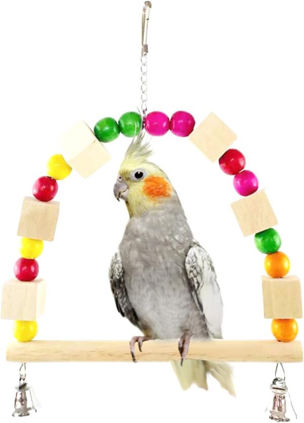 Parrot Swing,Wooden Bird Swing Perch Toys Hanging Perch Hammock with Bells Bird Toys Parakeet Toys Bird Cage Accessories for Parakeet Cockatiels Lovebirds Budgies Small Medium Birds