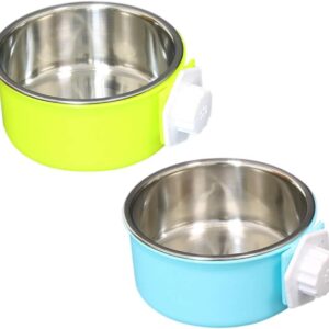 SLSON Pet Crate Bowls 2 Pack Dog Cage Hanging Bowl Removable Double Feeding Bowls for Pet Stainless Steel and Plastic Feeders for Dogs Cats Small Animals, Blue and Green