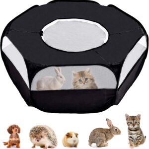 Small Animals Cage Tent, Lightweight and Foldable Pet Playpen,Outdoor/Indoor Exercise Fence for Hamsters,Guinea Pig,Rabbit,Rat,Cats(Black with Cover)