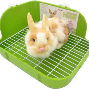 SunshineBio Rabbit Litter Box Toilet for Small Animal Bunny Rabbits Guinea Pig Galesaur Ferrets Corner Litter Pan Potty Trainer with Stainless Steel Panel Small Pets Cage Toilet Bedding Box (Green)