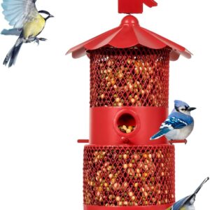 THKFUL Metal Bird Feeder for Outside, Squirrel Proof Wild Bird Feeders for Outdoor Hanging,Large Bird Feeder for Cardinal Retractable 5.5 lbs Large Seed Capacity(Red)