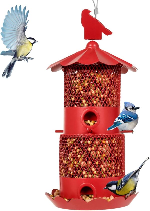 THKFUL Metal Bird Feeder for Outside, Squirrel Proof Wild Bird Feeders for Outdoor Hanging,Large Bird Feeder for Cardinal Retractable 5.5 lbs Large Seed Capacity(Red)