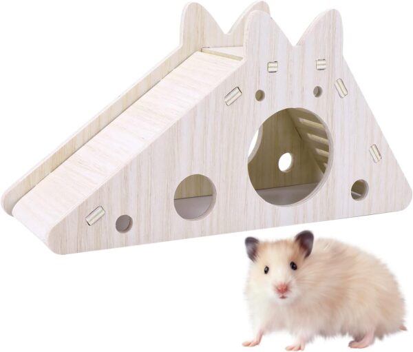 TIESOME Hamster House with Ladder and Slide, Wooden Hamster Play Toys Hideout Hut Gerbil Rat Hideaway Small Animal Activity Toy DIY Hamster Cage Accessories for Small Pets