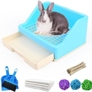 kathson Large Rabbit Litter Box with Drawer, Small Animal Litter Pet Toilet Potty Trainer Corner Bunny Litter Bedding Box Plastic Pet Pan for Hamster/Guinea Pig/Ferret/Galesaur/Chinchilla (Blue)